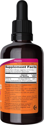 NOW Foods Vitamina D3 Líquida - 2 Onzas (59 ml) - 100 UI por gota
