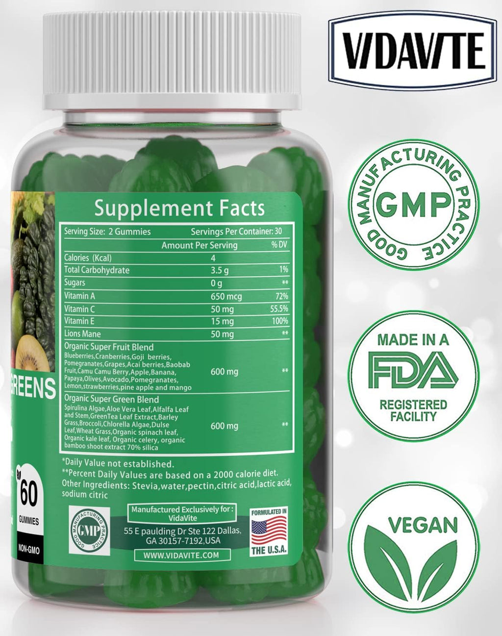 VIDAVITE Gominolas de Superalimentos sin Azúcar - 35+ Frutas y Verduras para Adultos y Adolescentes