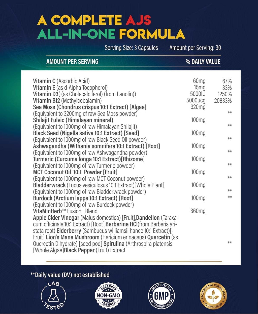 AJS Sea Moss Capsules 3200mg con Shilajit, Ashwagandha y Hierbas - 90 Cápsulas