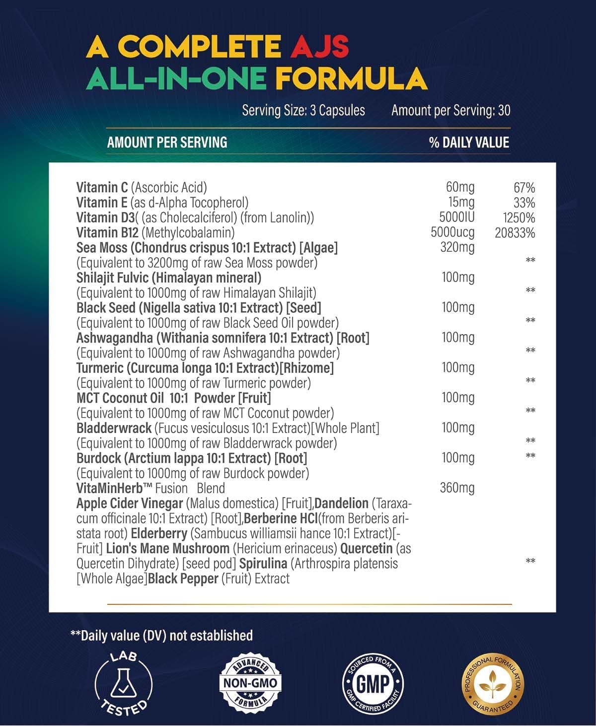 AJS Sea Moss Capsules 3200mg con Shilajit, Ashwagandha y Hierbas - 90 Cápsulas