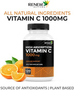 RENEW ACTIVES Maximum Strength Vitamina C 1000 mg por ración – Antioxidante y Refuerzo Inmunitario – No-GMO, Sin Azúcar, 120 Cápsulas – Hecho en Canadá