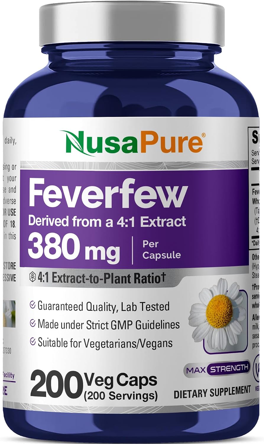 NusaPure Feverfew Cápsulas, 380 mg, 200 Cápsulas Vegetales (No-GMO, Sin Gluten)