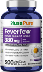 NusaPure Feverfew Cápsulas, 380 mg, 200 Cápsulas Vegetales (No-GMO, Sin Gluten)