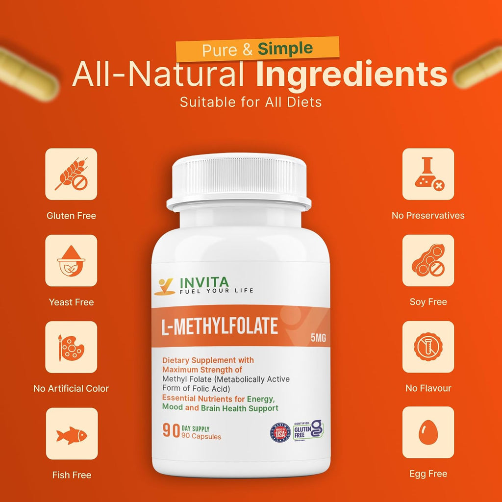 INVITA L-Methylfolate 5mg – Metilfolato Activo 5-MTHF – 90 Cápsulas (Suministro para 3 Meses)