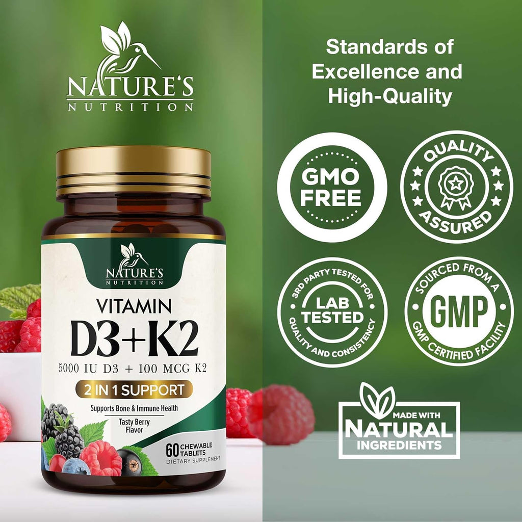 Nature's Nutrition Vitamina D3 K2 5000 UI + 100 mcg MK-7 - 60 Comprimidos Masticables