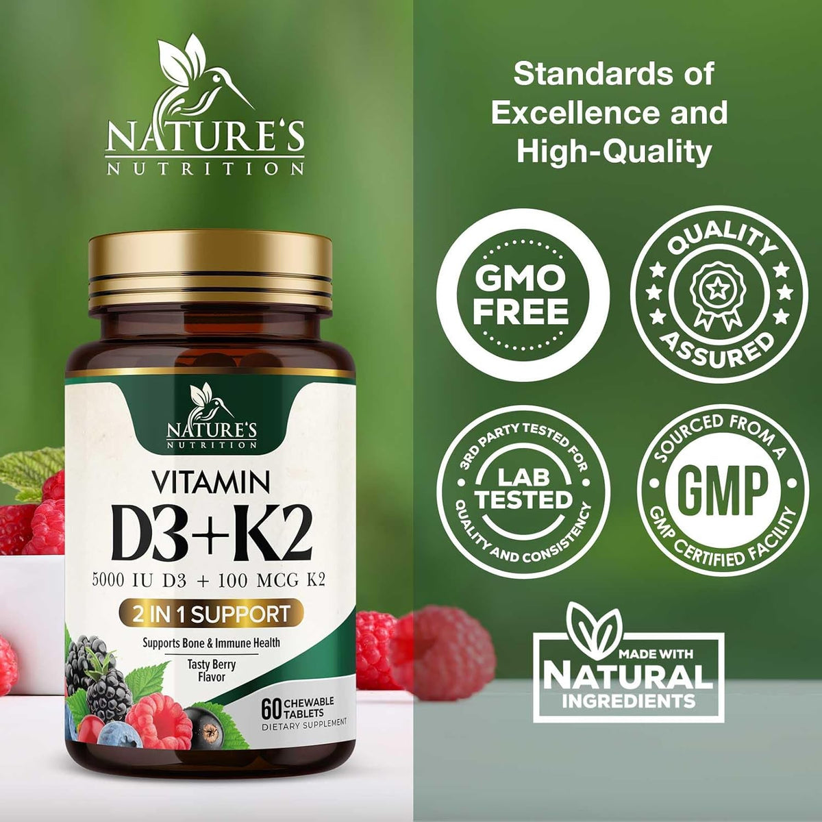 Nature's Nutrition Vitamina D3 K2 5000 UI + – Contribuye al mantenimiento de los dientes en condiciones normales. – Image 4