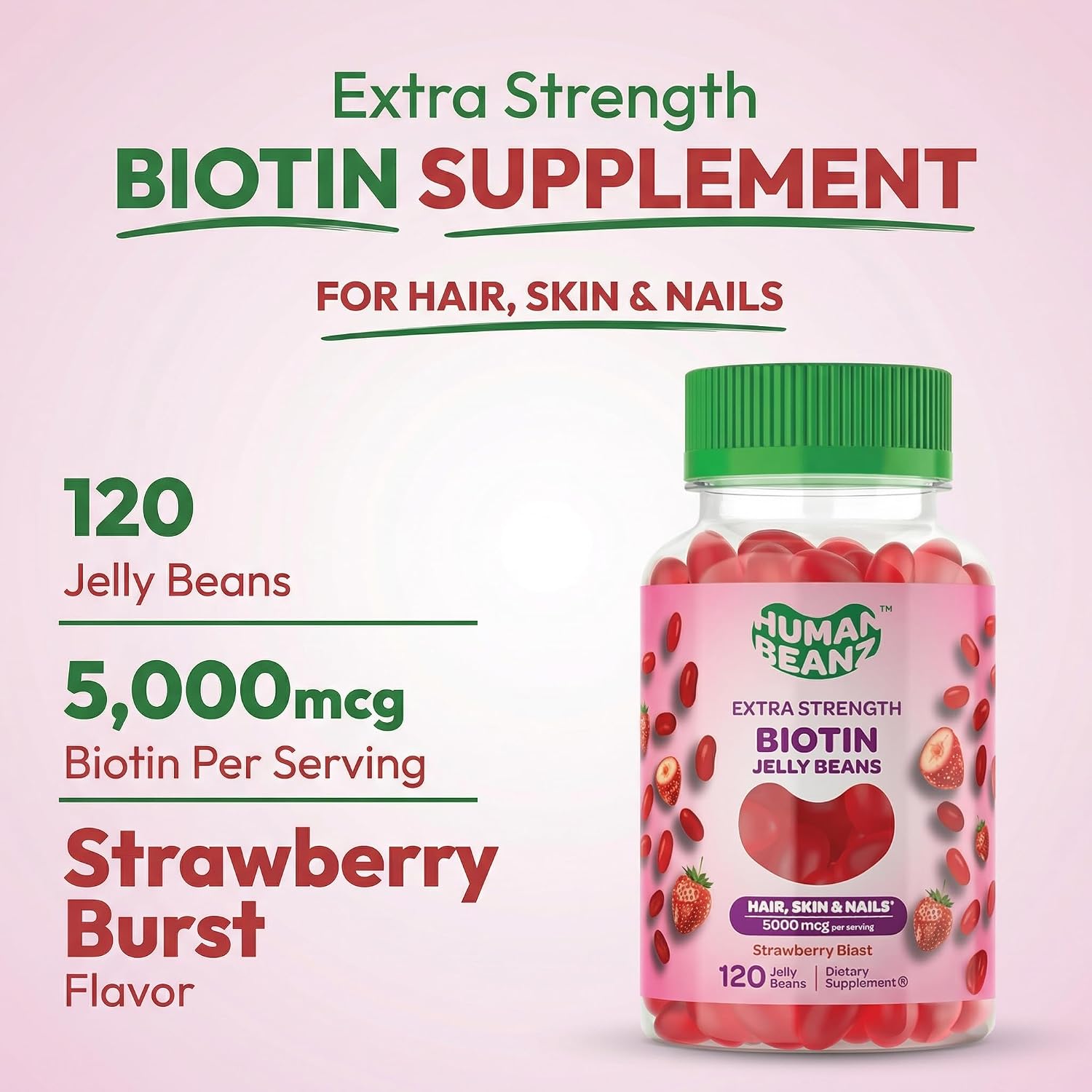 Human Beanz Biotina Gominolas Jelly Bean, 5000mcg, 120 unidades - Sabor Fresa