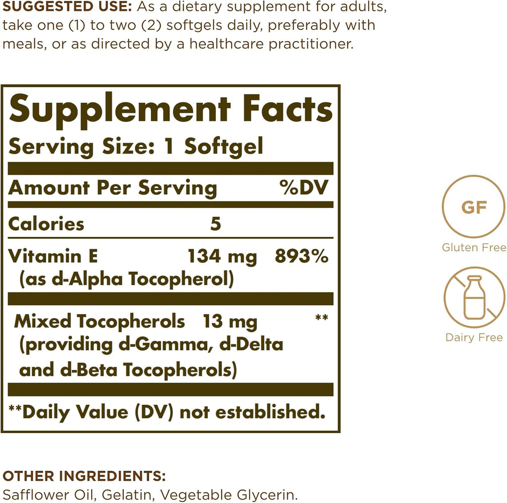 Solgar Vitamina E 200 UI - 100 Cápsulas Blandas - Natural - Sin Gluten