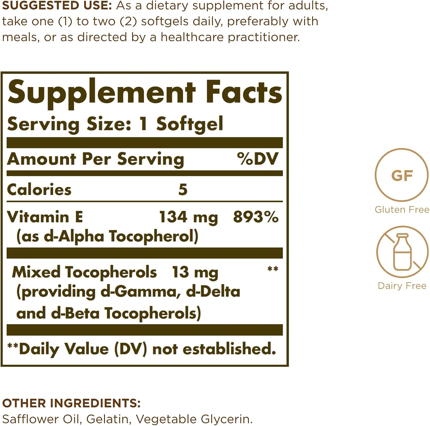 Solgar Vitamina E 200 UI - 100 Cápsulas Blandas - Natural - Sin Gluten