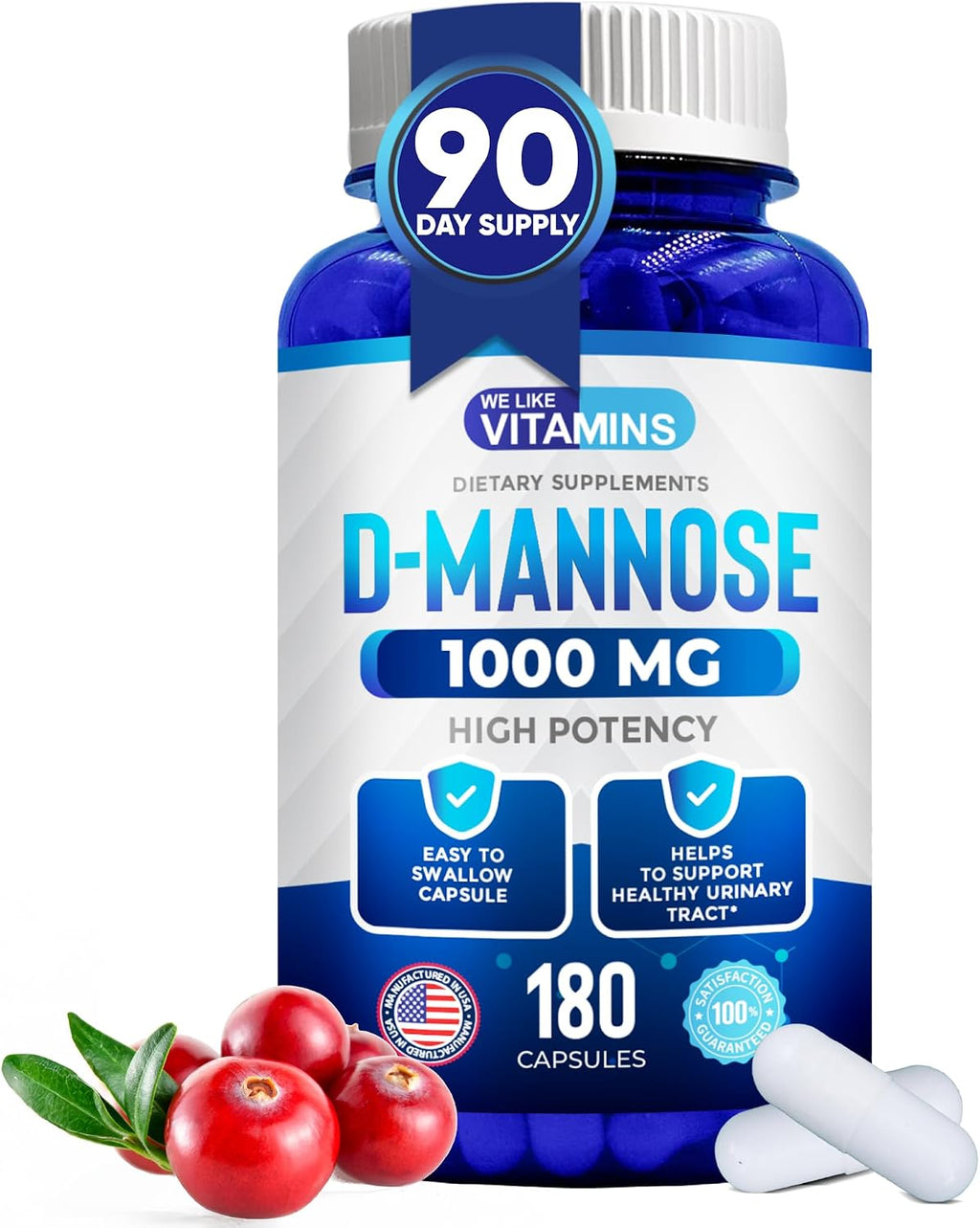 D-Mannose 1000mg Capsules - 180 Vegetable Capsules - Nutritional Supplement