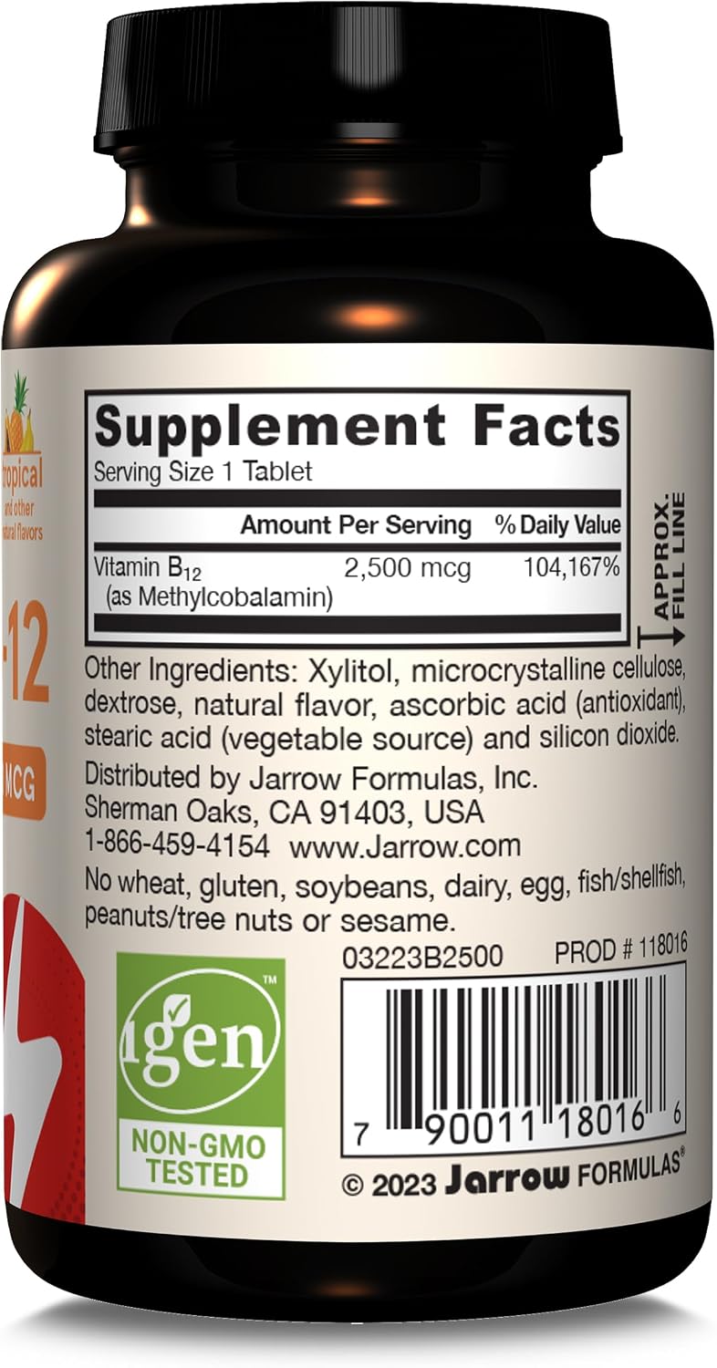 Jarrow Formulas Ultra Strength Methyl B-12 2500 mcg - 100 Comprimidos Masticables Sabor Tropical