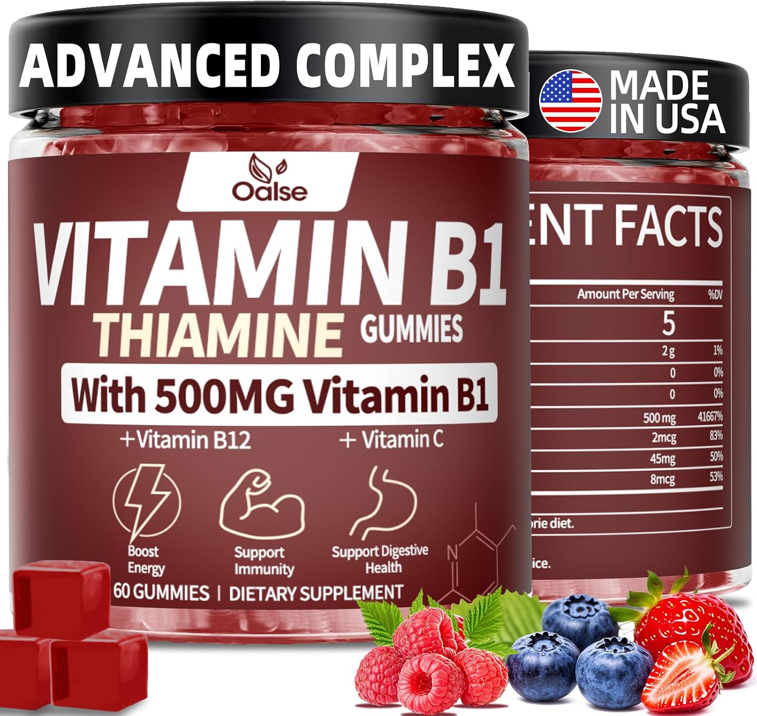 OALSE Gominolas de Tiamina Vitamina B1 - 500mg, Veganas, Sin Azúcar, Sabor a Bayas Mixtas, 60 Unidades