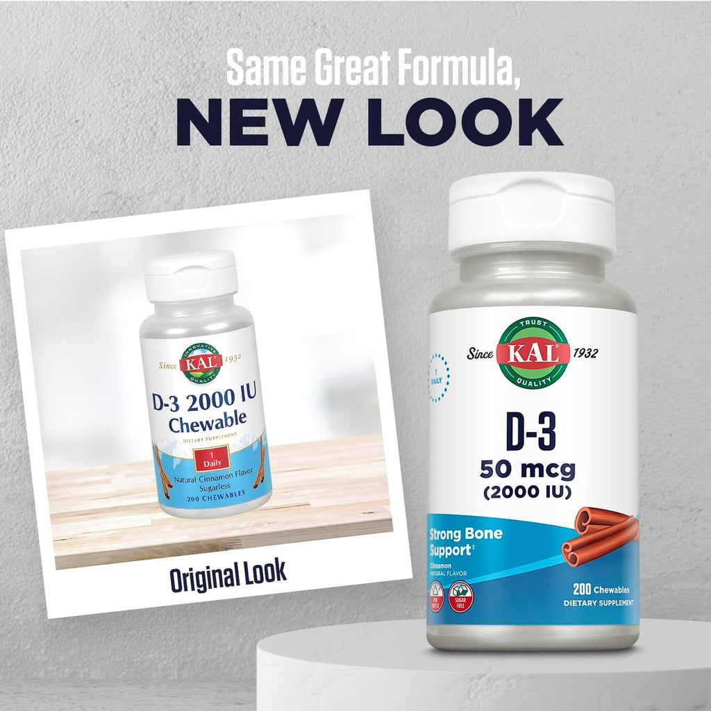 KAL Vitamina D3 Masticable 50 mcg (2000 UI), Sabor Canela Natural, Sin Azúcar, 200 Comprimidos