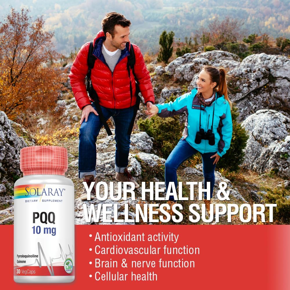 SOLARAY PQQ 10 mg, Suplemento de Pirroloquinolina Quinona, Apoyo a la Función Celular, Cardíaca y Cognitiva, 30 Cápsulas Vegetales