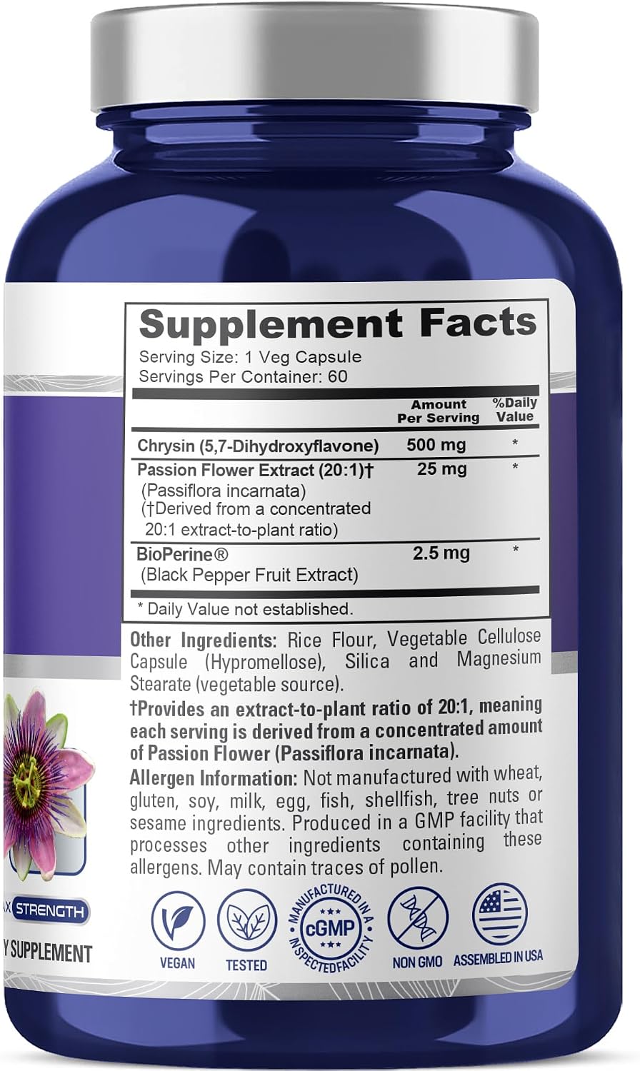 NusaPure Chrysin, 500mg, 60 Cápsulas Vegetales (No-GMO, Vegano)