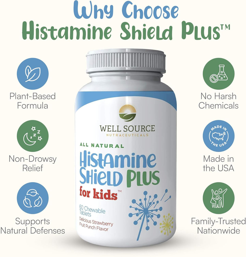 Histamine Shield Plus Antihistamínico Natural para Niños, 60 Comprimidos Masticables Sabor Fresa