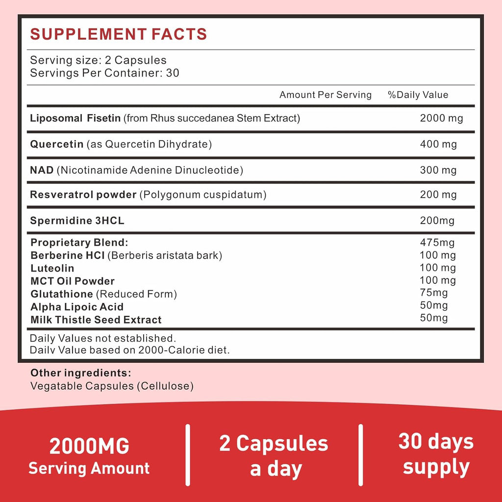Suplemento de Fisetina 2000mg con Quercetina, Resveratrol y NAD - Uarcool (60 Cápsulas)