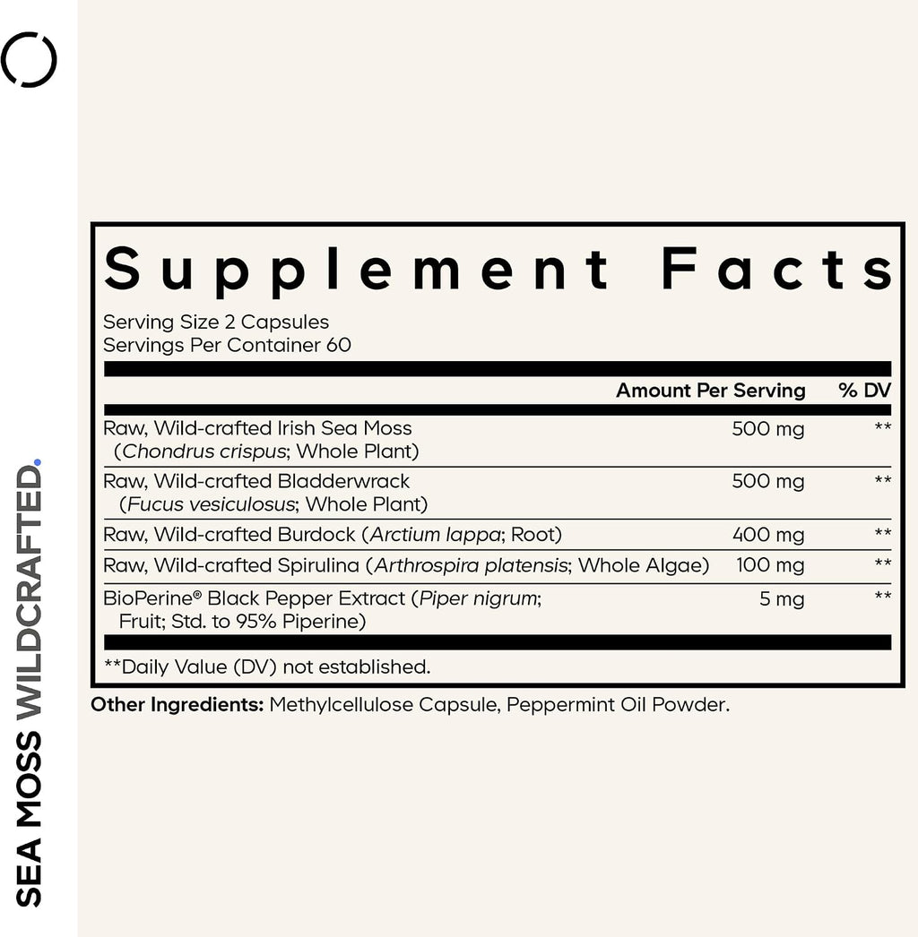 Codeage Raw Wildcrafted Irish Sea Moss Supplement, Spirulina Algae, Bladderwrack Seaweed, Burdock Root, Black Pepper, Vegan, Non-GMO, 120 Capsules