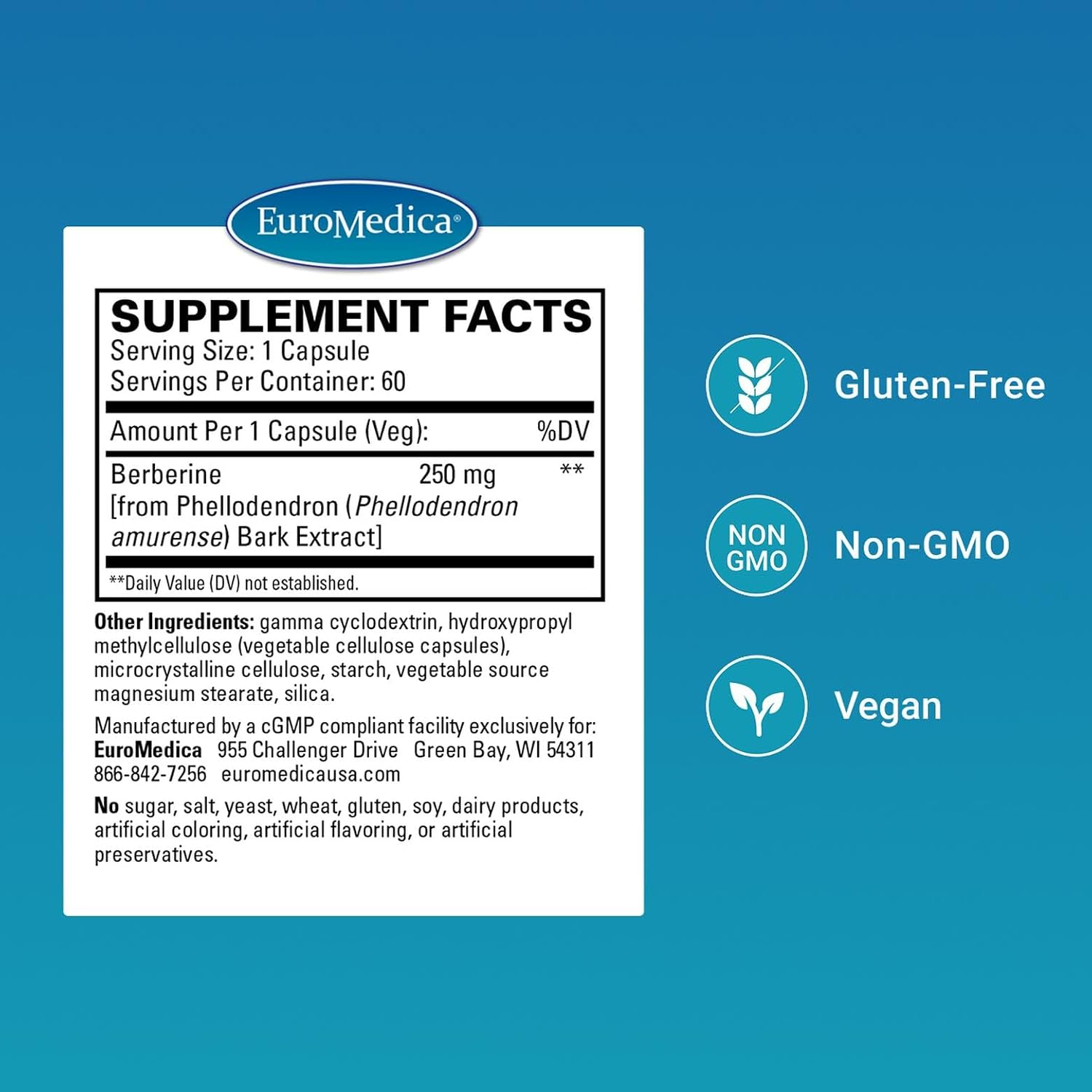 EuroMedica Ultra Absorption - Berberina con GammaSorb para la Salud Metabólica y Hepática - 60 Cápsulas Veganas
