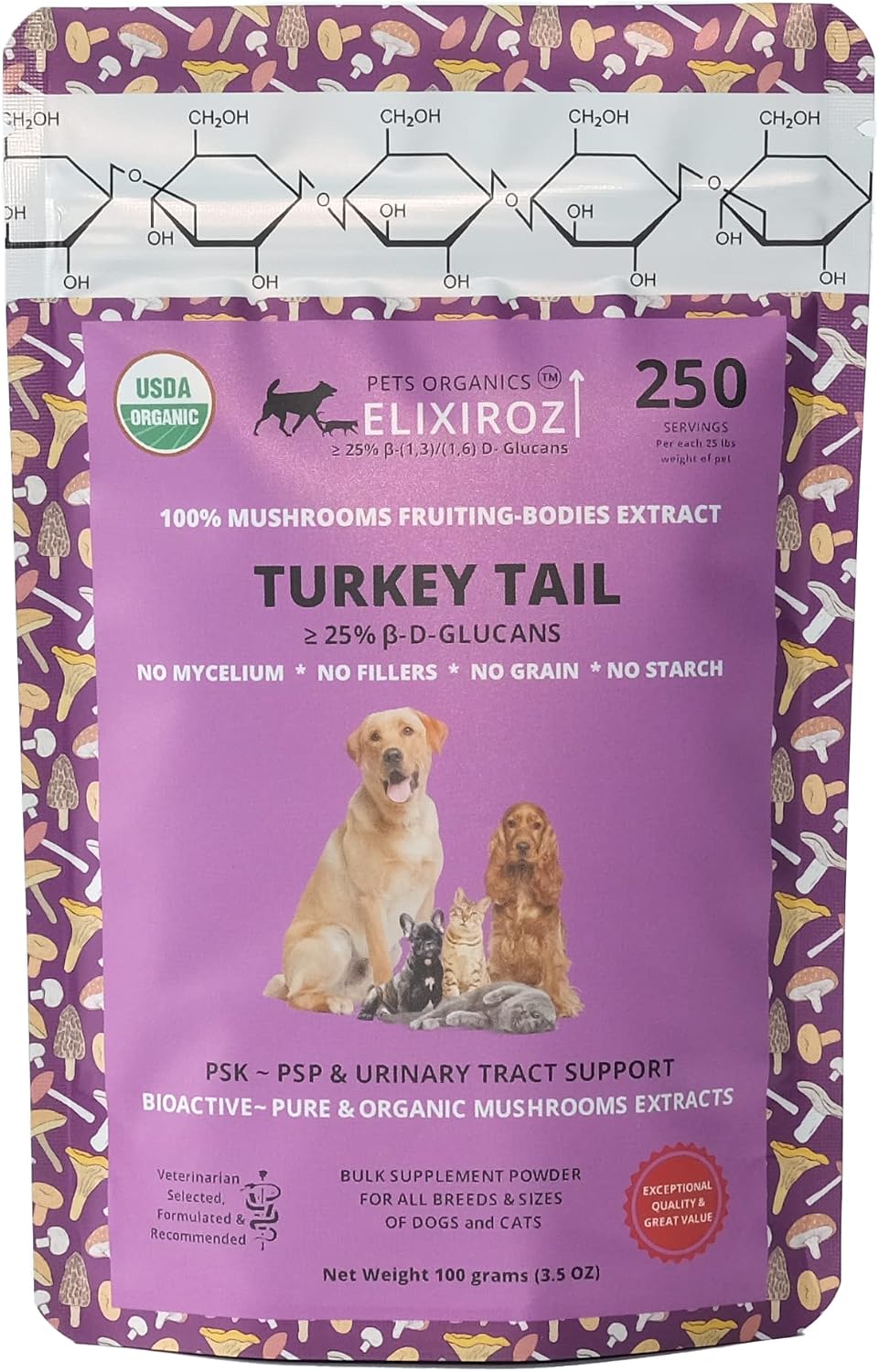 Extracto de Cola de Pavo para Perros y Gatos – 25% Beta Glucanos – Concentrado 8:1-12:1 – 250 Raciones