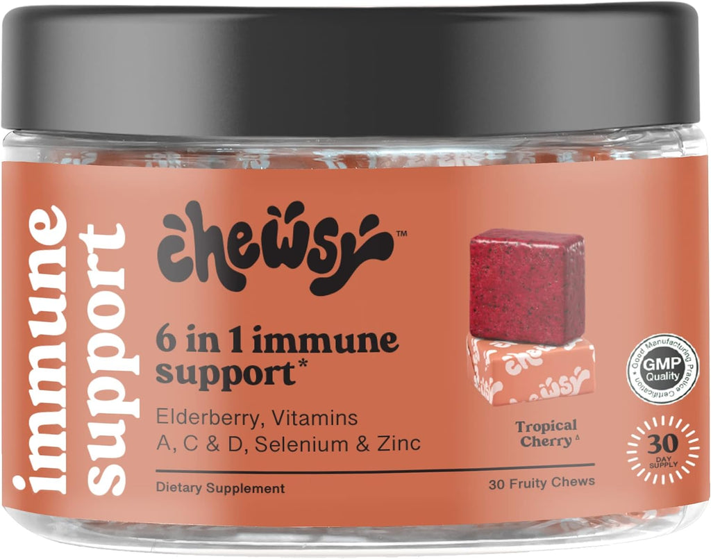 Chewsy - 6 en 1 Apoyo Inmunológico con Saúco, Vitaminas C, A y D, Zinc y Selenio - Caramelos de Fruta Individualmente Envueltos - 6 Días