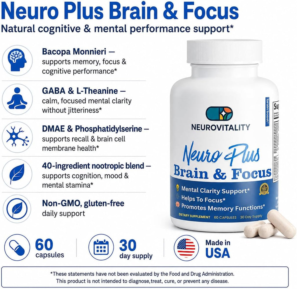 Neuro Plus Brain and Focus Formula – 40 Nootrópicos para Memoria, Enfoque y Claridad Mental (60 Cápsulas)