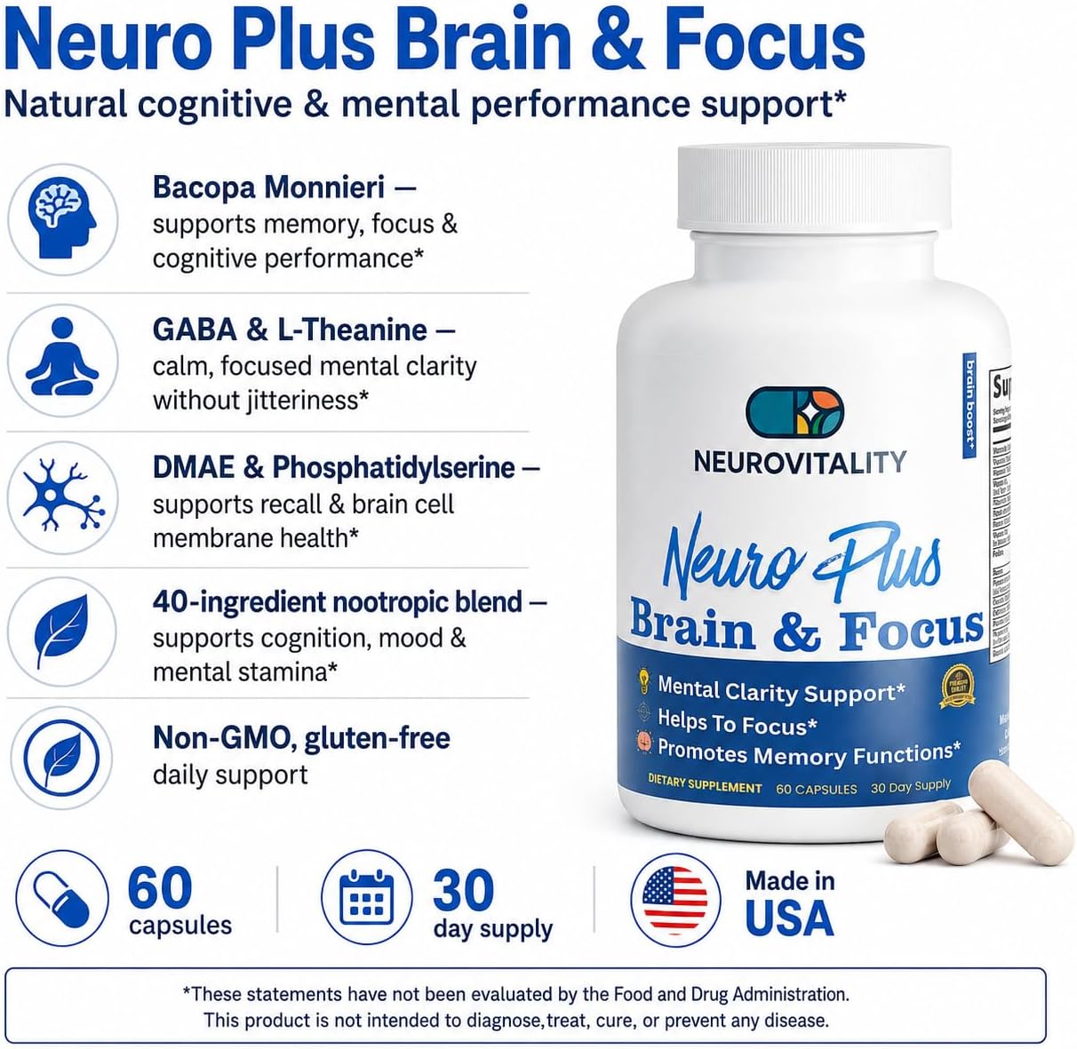 Neuro Plus Brain and Focus Formula – 40 Nootrópicos para Memoria, Enfoque y Claridad Mental (60 Cápsulas)