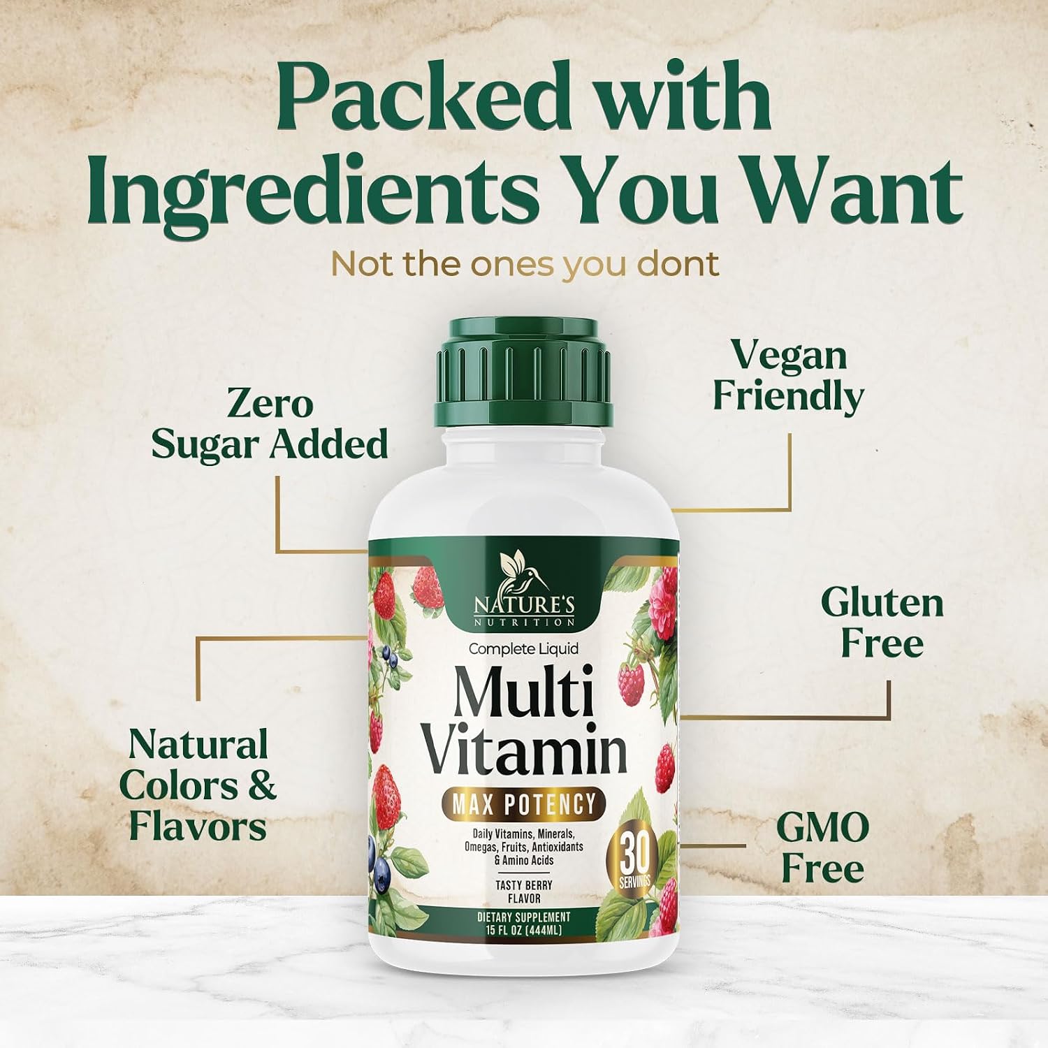 Multivitamínico Líquido Sin Azúcar - Para Mujeres, Hombres y Niños - Vitaminas A, C, D, B12, Biotina y Zinc - Apoya el Crecimiento del Cabello y la Piel - Vegano, No-GMO, Sabor a Bayas, 444 ml