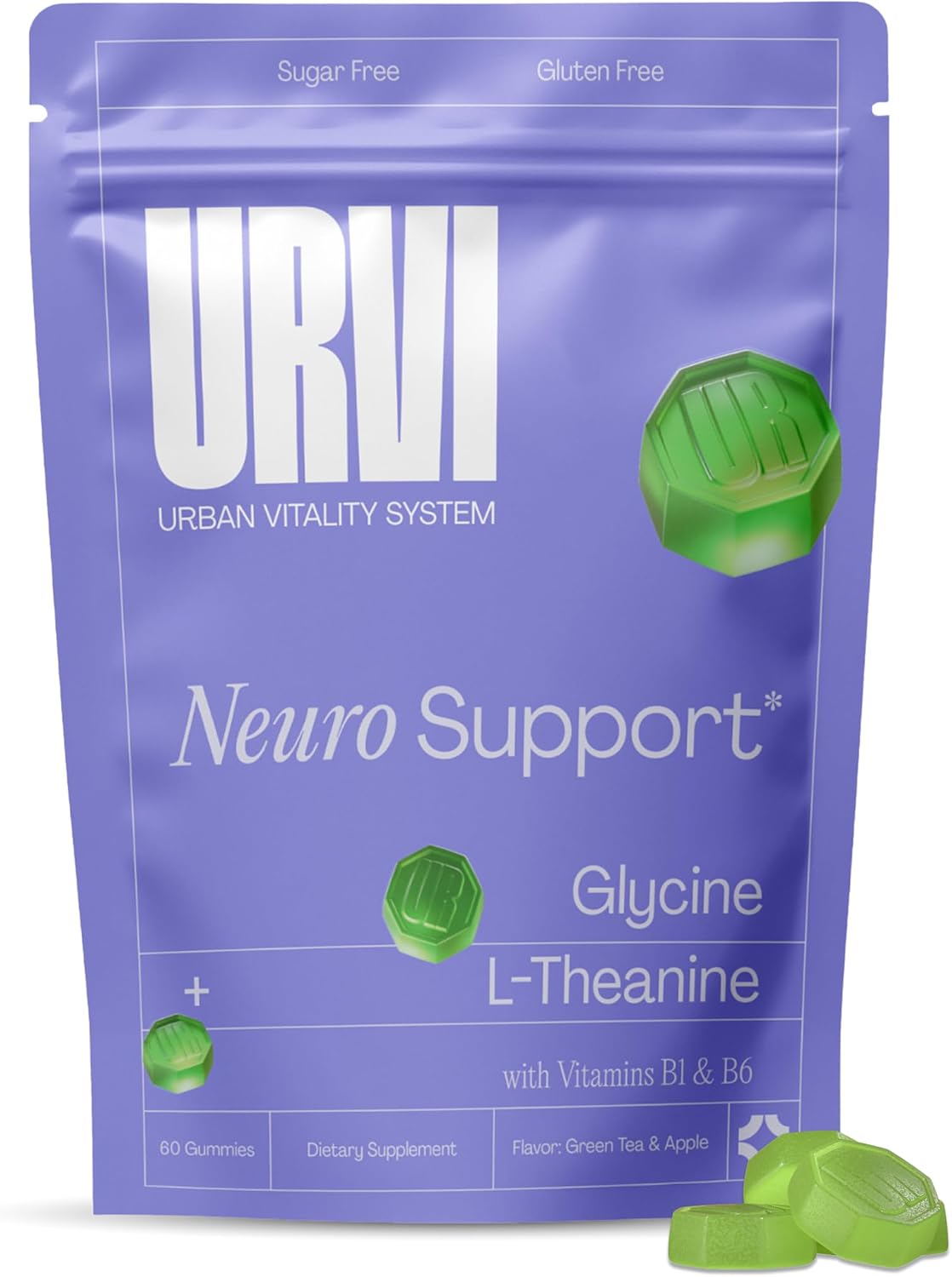 URVI® Neuro Gummies – 500mg Glicina, 150mg L-Teanina, Vitaminas B1 y B6 – Sin Cafeína ni Azúcar – Sabor Té Verde y Manzana – 60 Gominolas