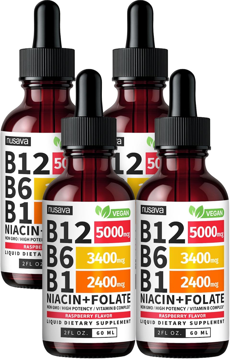 NUSAVA Complejo B Líquido con Vitamina B12, B6, B1, Niacina y Folato - Metilcobalamina 5000 mcg, Sabor Frambuesa, 80 Dosis