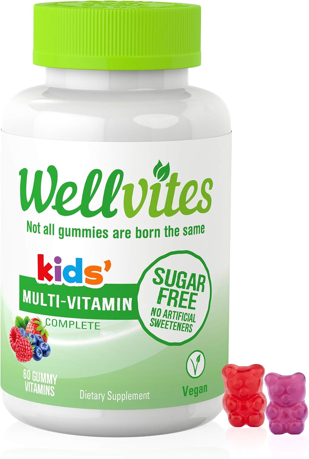 Wellvites Kids Multivitamin Gummies - Gominolas multivitamínicas infantiles sin azúcar, veganas, 60 unidades