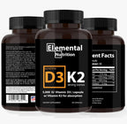 Elemental Nutrition Vitamina K2 con D3 Extra Strength – 10000 UI Vitamina D3 + 200 mcg Vitamina K2 MK-7, 30 Cápsulas