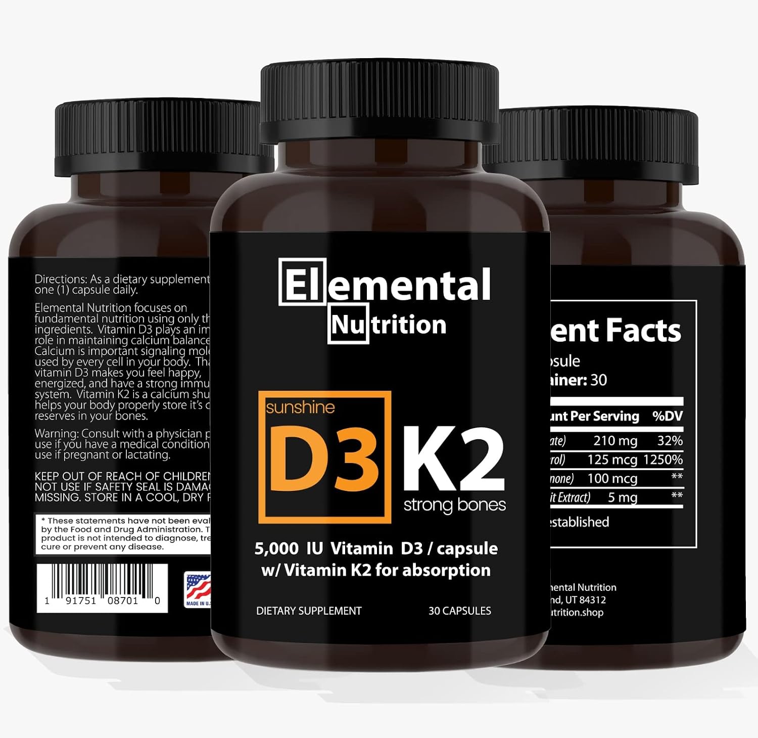 Elemental Nutrition Vitamina K2 con D3 Extra Strength – 10000 UI Vitamina D3 + 200 mcg Vitamina K2 MK-7, 30 Cápsulas