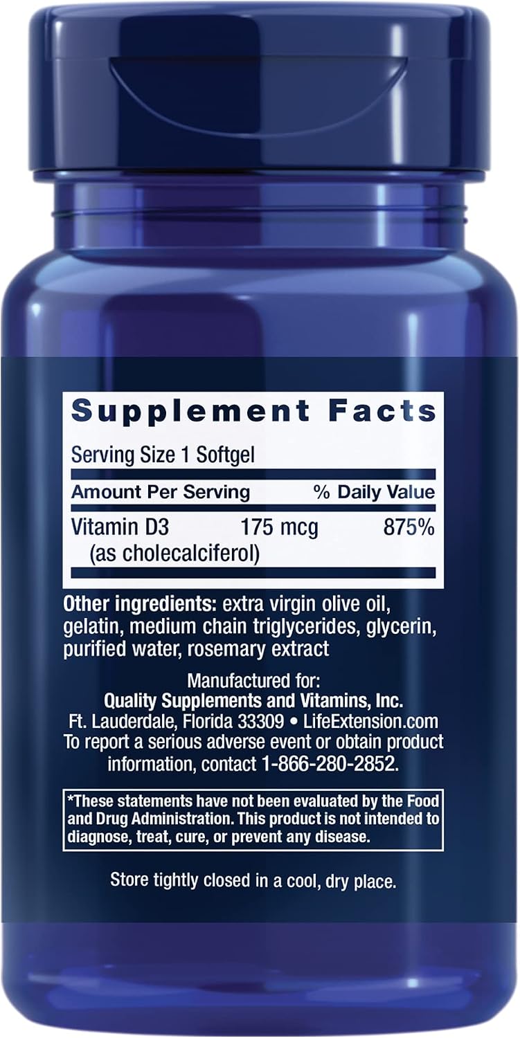 Life Extension Vitamina D3 175 mcg (7000 UI), 60 Cápsulas Blandas