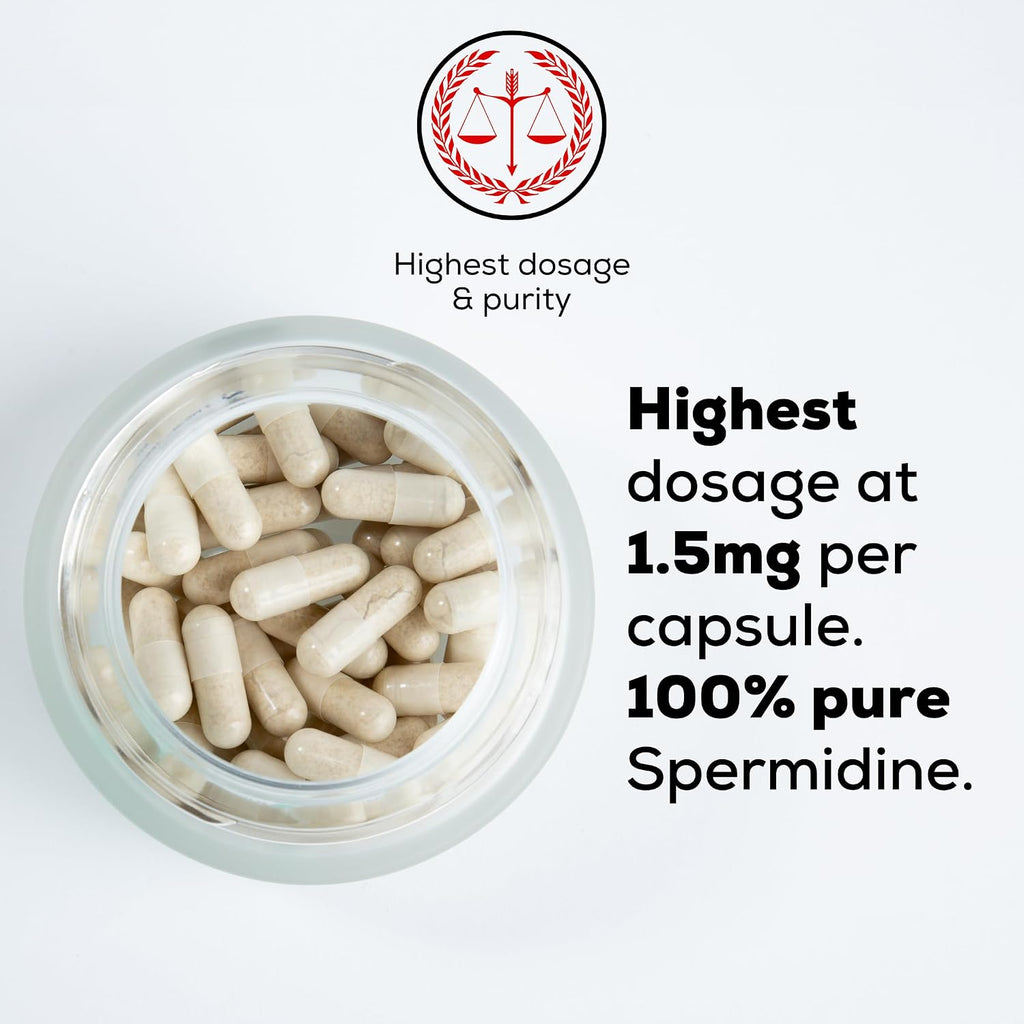 MASI Spermidine Supplement – 1.5mg, 60 Cápsulas, 1 Botella | Fabricado en Alemania, Testado en Suiza | Renovación Celular para Longevidad, Metabolismo, Inmunidad, Salud Cerebral y Cutánea | Vegano, No GMO
