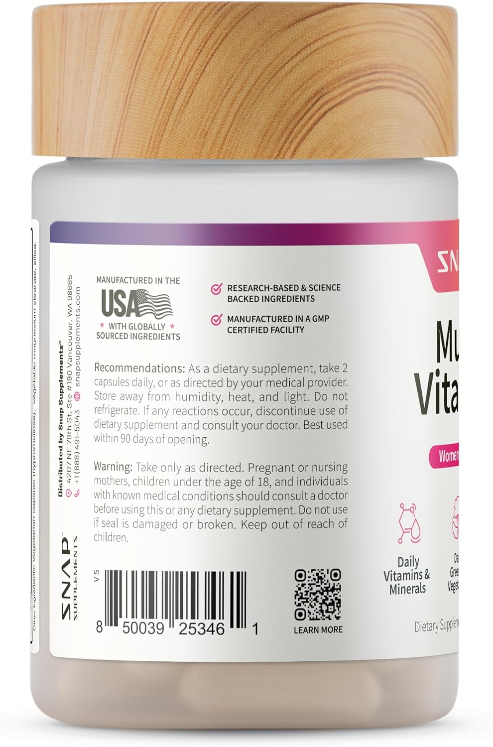 Snap Supplements Multivitamínico Diario para Mujeres, 60 Cápsulas