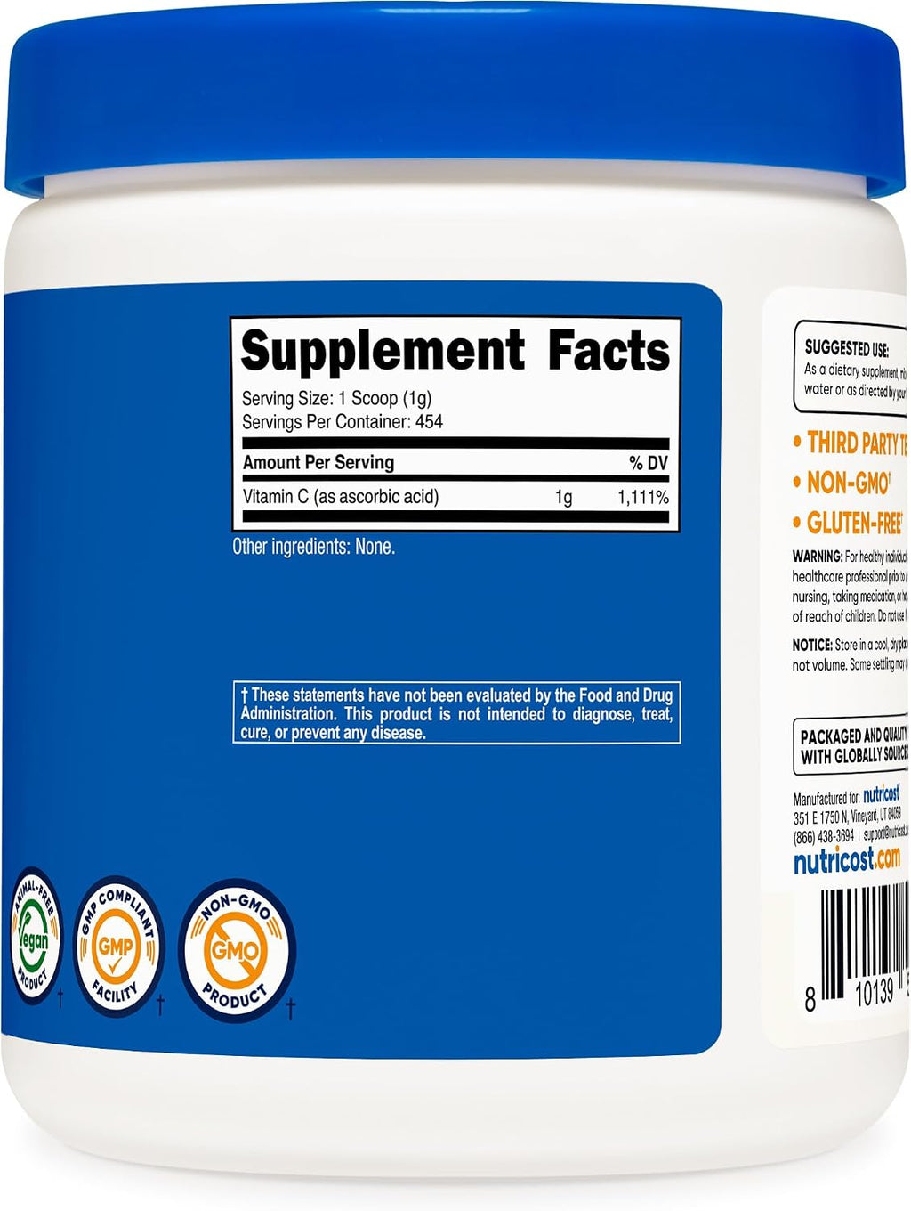 Nutricost Ácido Ascórbico Puro en Polvo (Vitamina C) - 454g