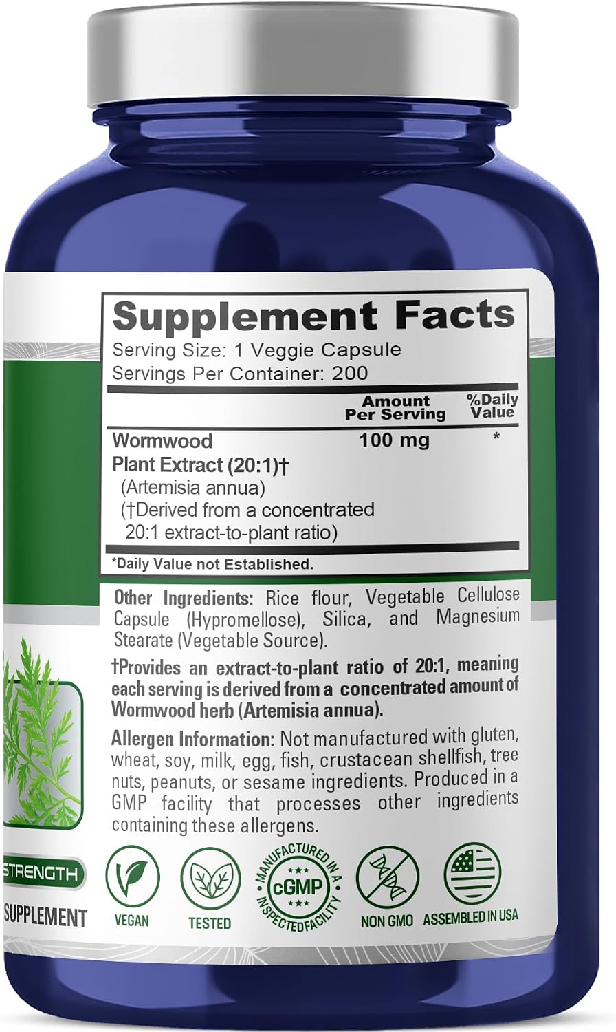 NusaPure Cápsulas de Artemisa, 100 mg, 200 Cápsulas Veganas (No OGM, Vegano)