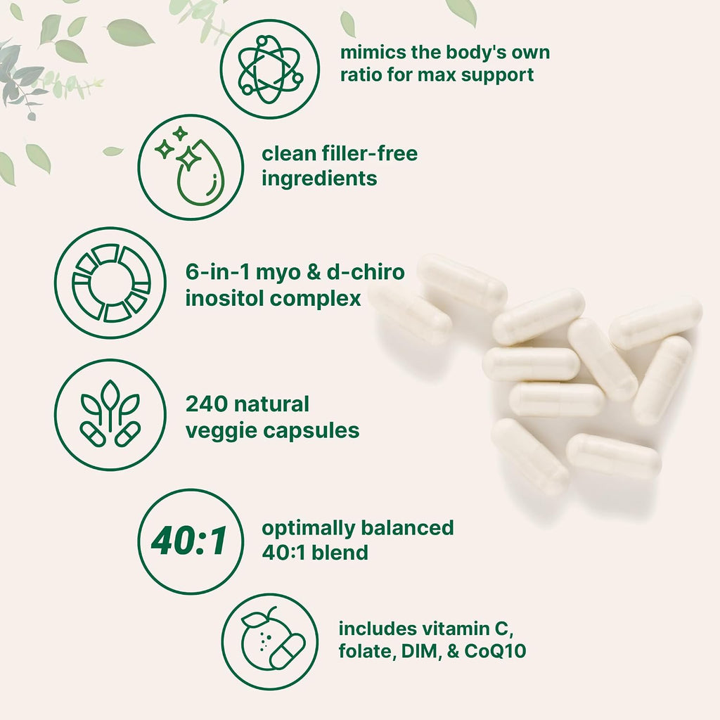 Myo-Inositol & D-Chiro Inositol 2,050mg | 240 Veggie Capsules + Vitamin C, Folate, DIM, & CoQ10 | Inositol Supplement for Women | 40:1 Ratio | Filler Free