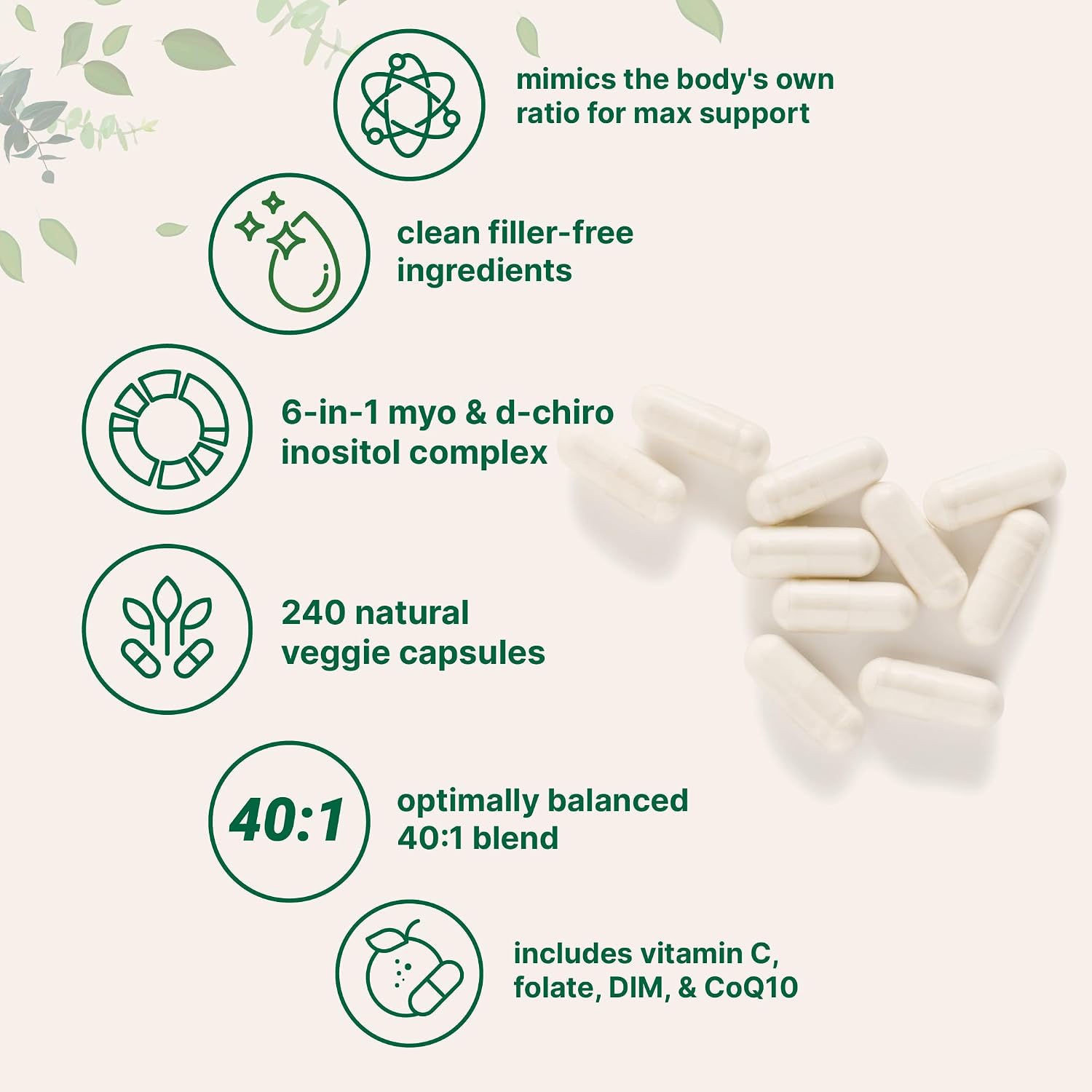 Myo-Inositol & D-Chiro Inositol 2,050mg | 240 Veggie Capsules + Vitamin C, Folate, DIM, & CoQ10 | Inositol Supplement for Women | 40:1 Ratio | Filler Free