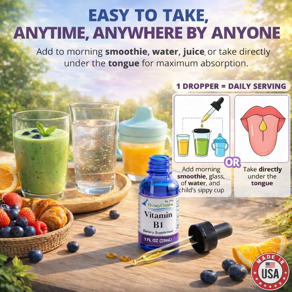 Vitamina B1 (Tiamina) Gotas - Extracto de Tiamina Vitamina B1 de Alta Potencia - Líquido Vitamínico Vegano, Sin Alcohol y Sin OGM - Mantiene la Salud del Sistema Nervioso, Apoya la Digestión y Aumenta la Energía, 1 Fl Oz
