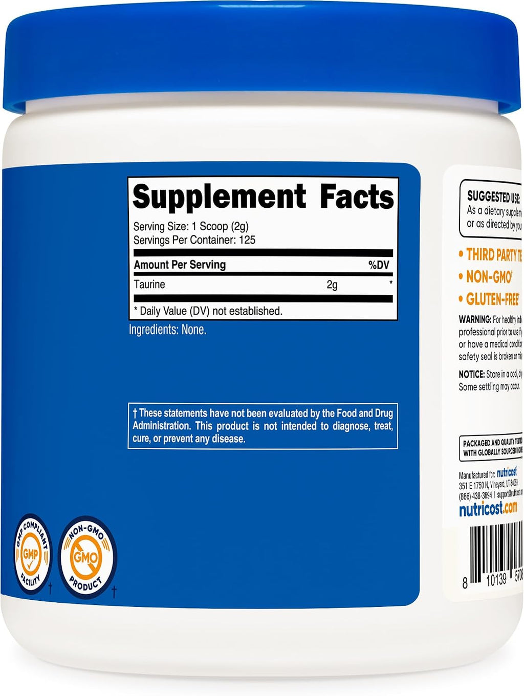 Nutricost Taurine Powder 250 Grams - 125 Servings, 2000mg per Serving