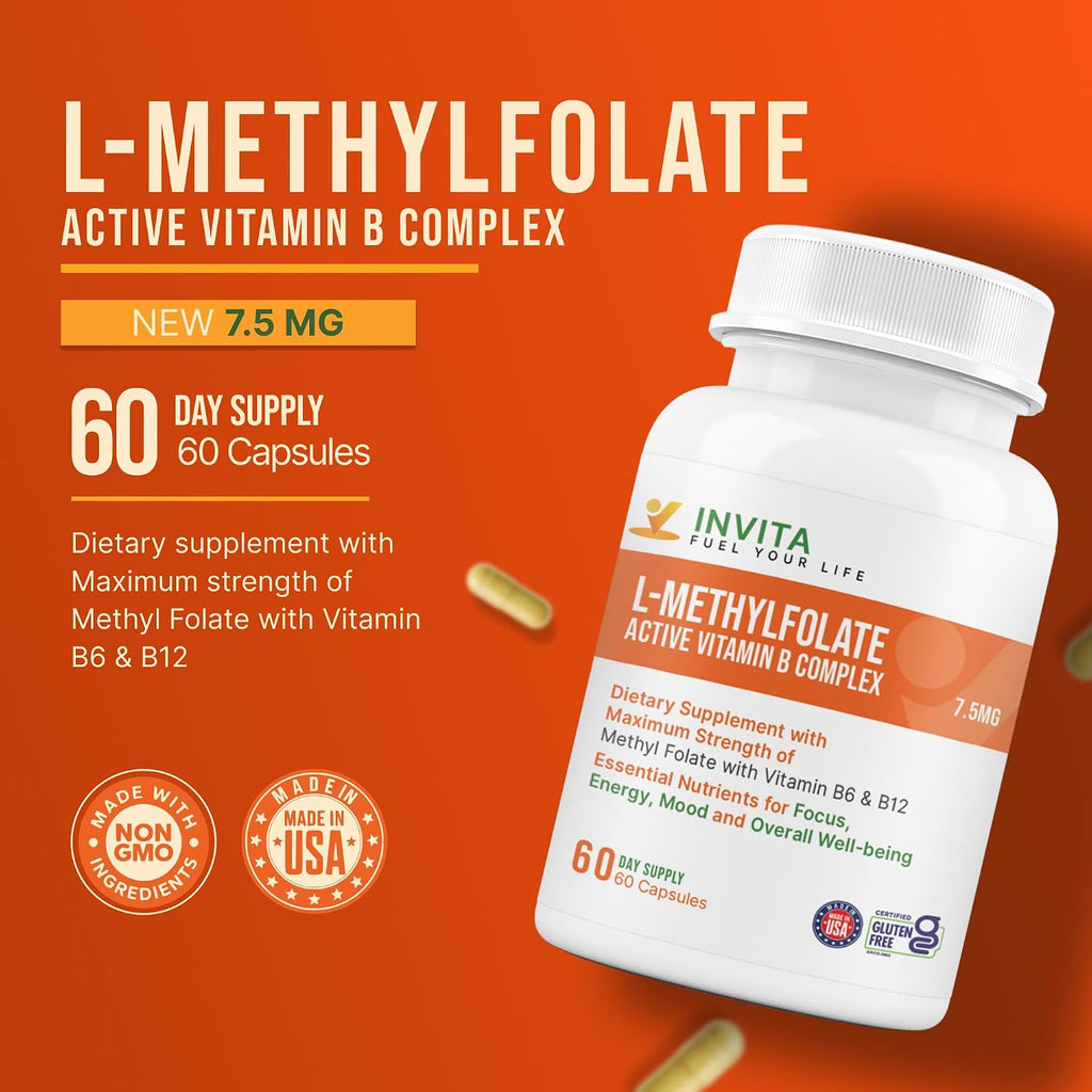INVITA, L-Metilfolato 7.5 mg + Complejo B Activo – 60 Cápsulas – Suplemento 5-MTHF con Vitamina B6 y B12 Metilcobalamina – No-GMO, Sin Gluten, 2 Meses
