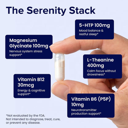 5-HTP 100mg + L-Theanina 400mg | Complemento – Magnesio: Contribuye al funcionamiento normal del sistema nervioso – Image 3