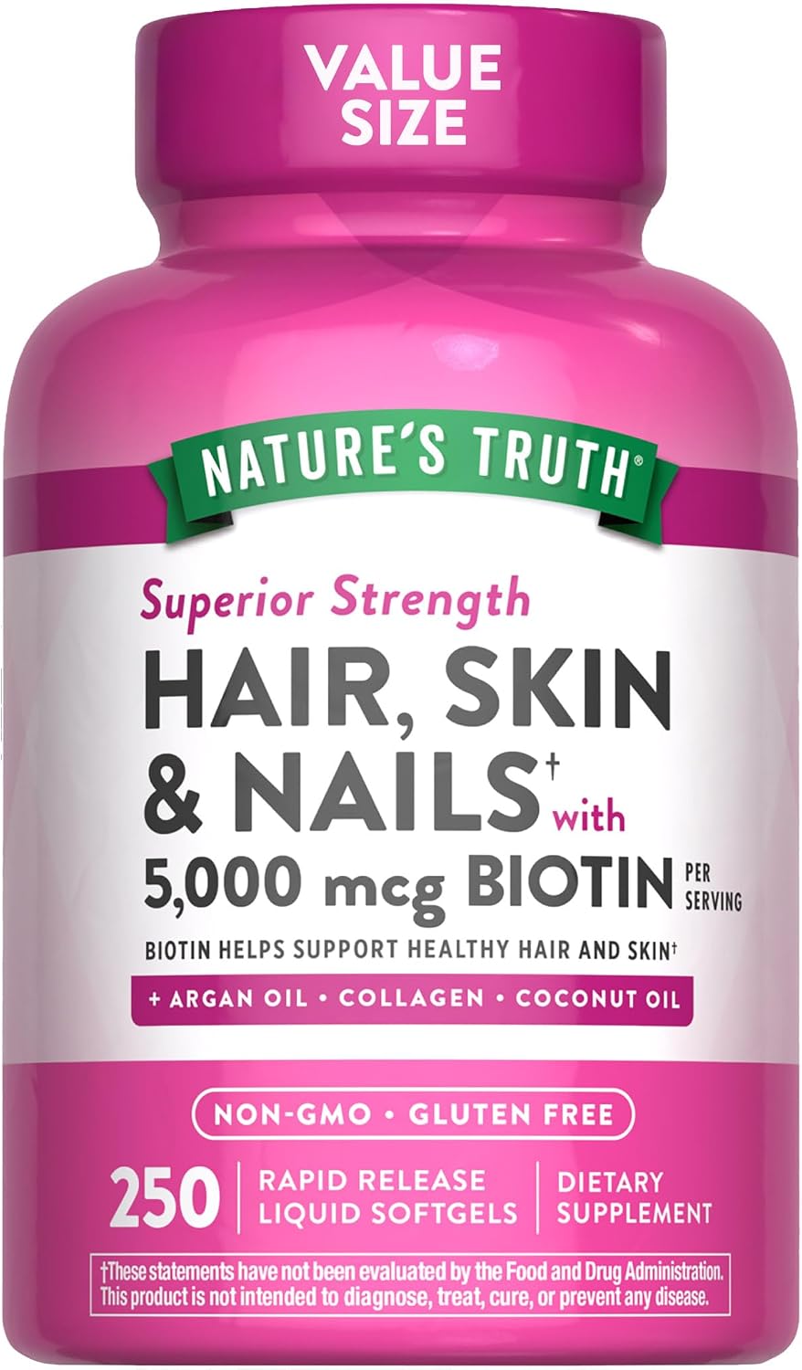 Nature's Truth Vitaminas para Cabello, Piel y Uñas | 5000mcg | 250 Cápsulas Blandas | Colágeno, Biotina y Aceite de Coco | Sin Gluten y No OGM