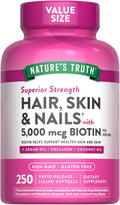 Nature's Truth Vitaminas para Cabello, Piel y Uñas | 5000mcg | 250 Cápsulas Blandas | Colágeno, Biotina y Aceite de Coco | Sin Gluten y No OGM