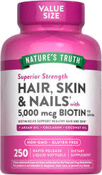 Nature's Truth Vitaminas para Cabello, Piel y Uñas | 5000mcg | 250 Cápsulas Blandas | Colágeno, Biotina y Aceite de Coco | Sin Gluten y No OGM