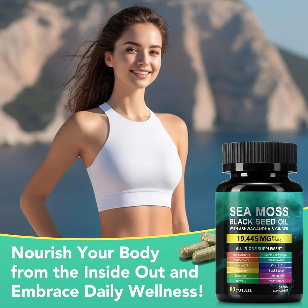 Sea Moss Black Seed Oil con Ashwagandha y Jengibre - 60 Cápsulas