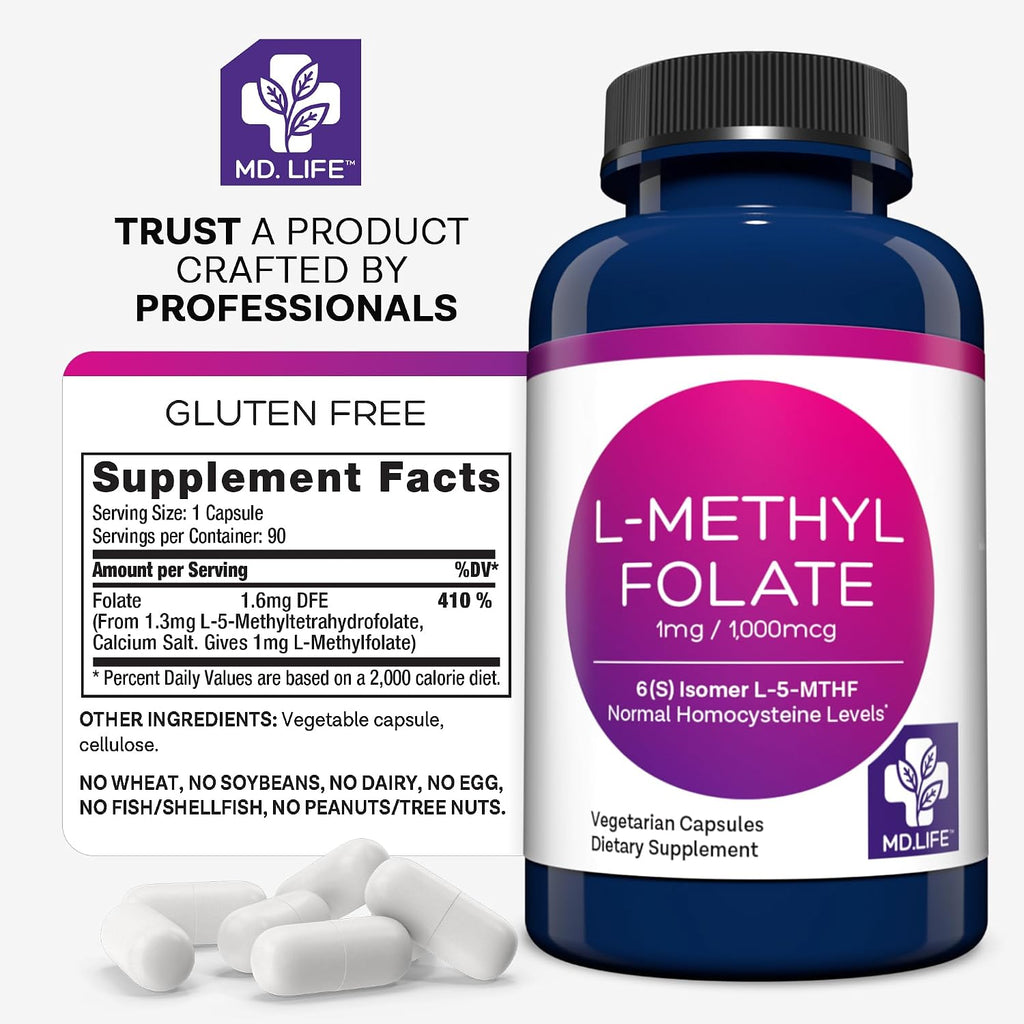 MD Life L-Metilfolato 1mg - Complemento Profesional de Metilfolato Activo - 90 Cápsulas