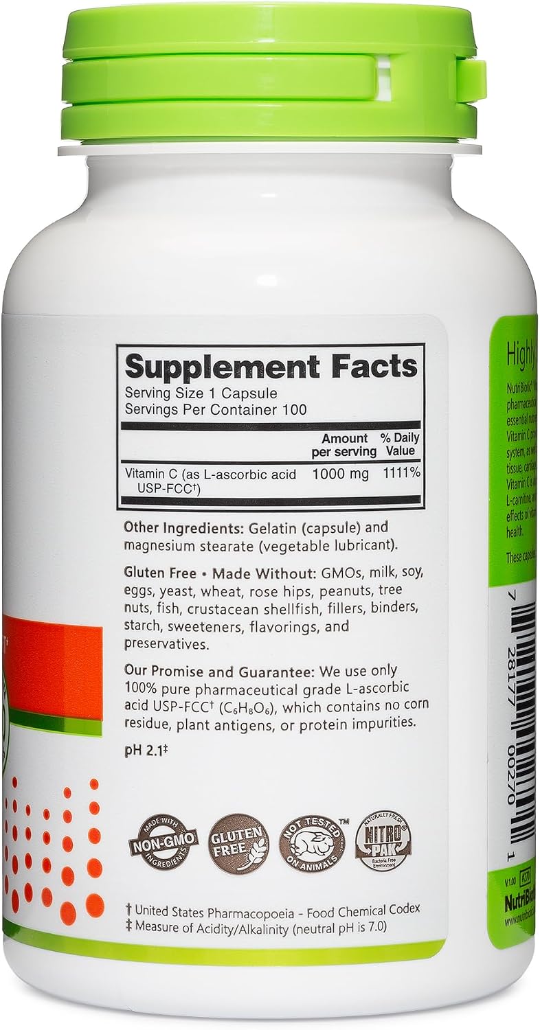 NutriBiotic Vitamina C 1000 mg - 100 Cápsulas - Ácido Ascórbico Puro
